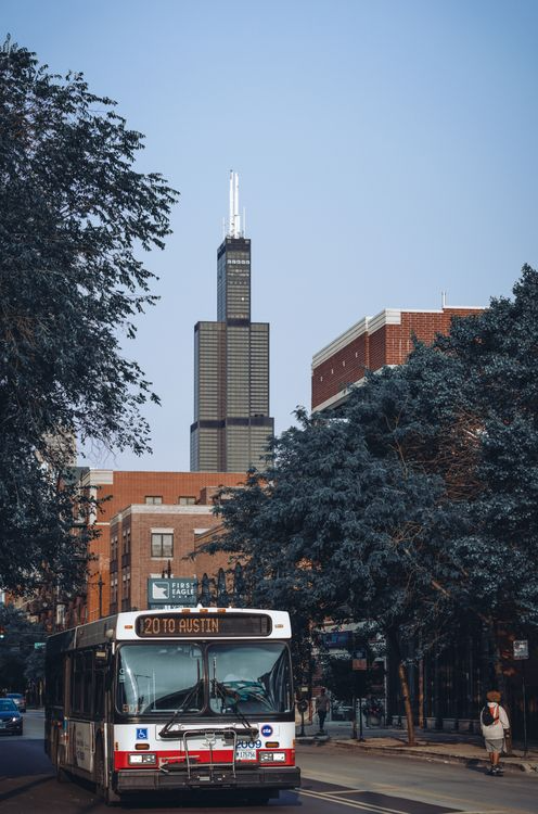 Chicago bus with the skyline in the background