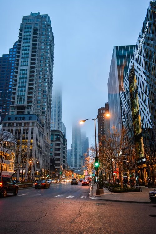 Chicago street lined with commercial buildings